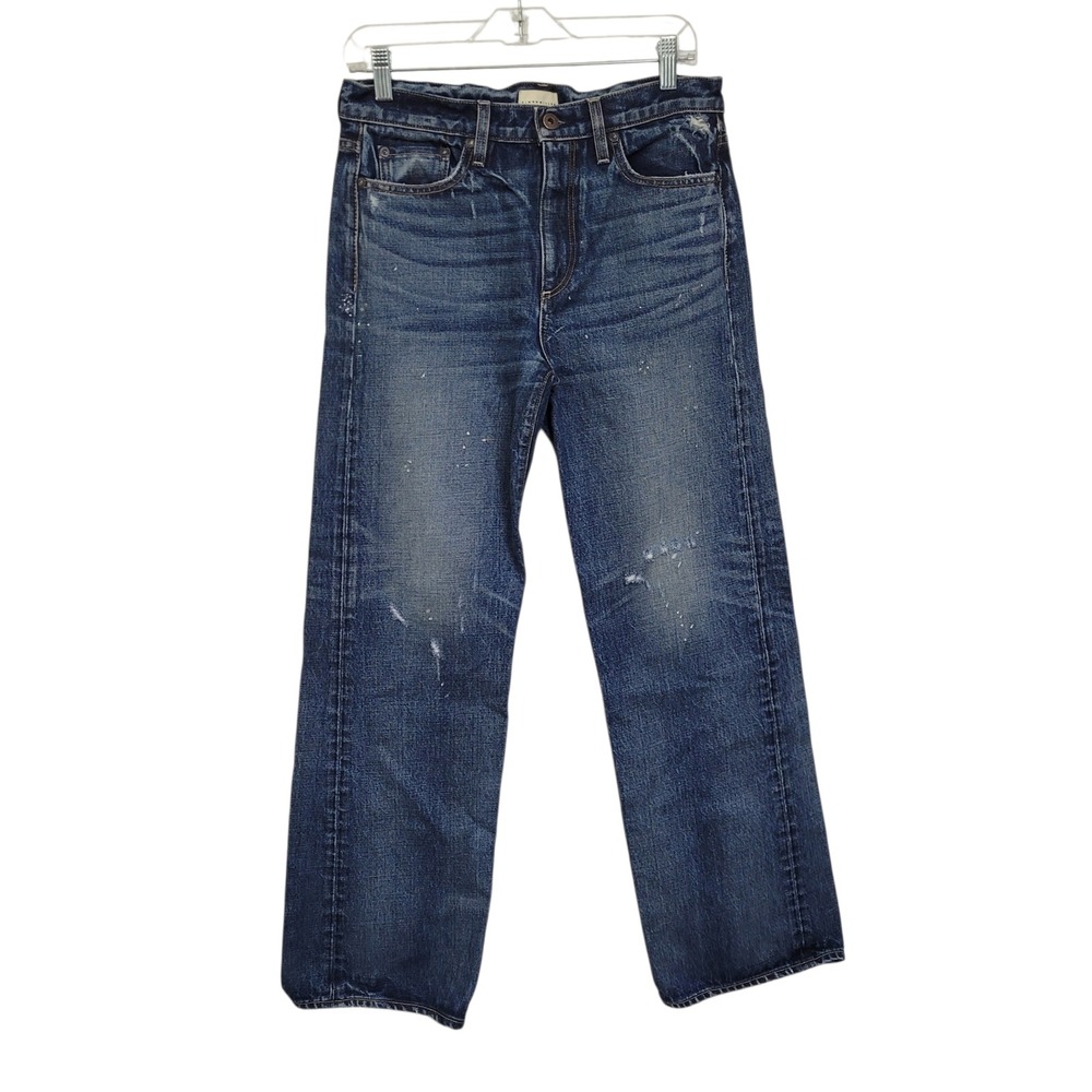 Simon Miller Womens Distressed Straight Leg Jeans Blue Paint Splatter Size 26